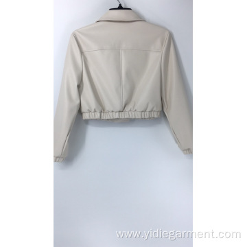 Women's Cream Faux Leather Crop Jacket